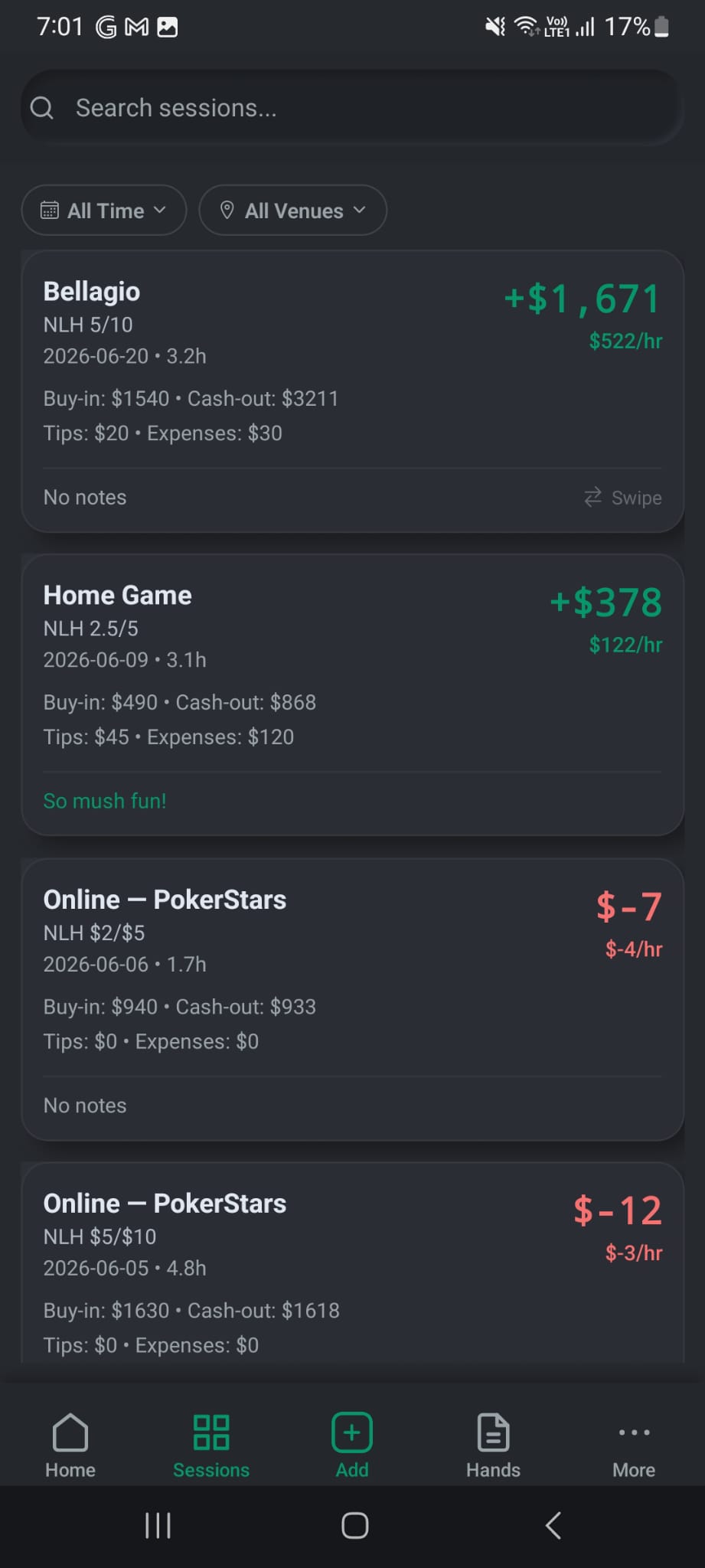 Session list showing cash and online sessions with profit per hour